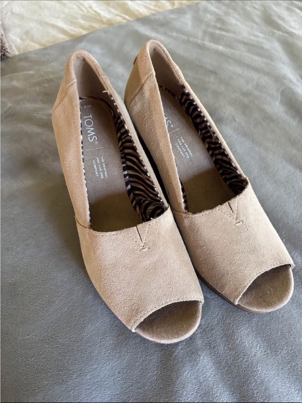 TOMS Suede Peep Toe Wedges in Taupe